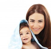 stock photo of wrapped  - Sweet little baby boy with mother isolated on white background - JPG 