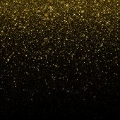 Gold glitter confetti background. Falling golden glittering snow or rain light effect for Christmas 