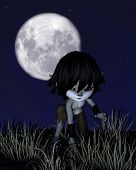 stock photo of toon  - Cute toon wolf boy prowling in front of a full moon - JPG 