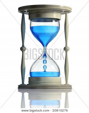 Picture or Photo of Sand watch with water dropping inside isolated on white background. Time runs fast concept.