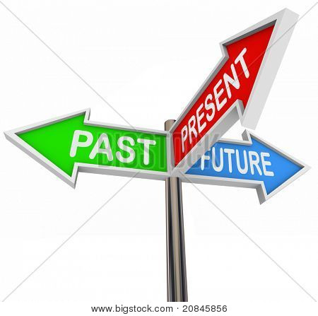 Picture or Photo of Three colorful arrow signs reading Past, Present and Future, depicting the choices and decisions involved in picking the right way and looking forward or backward