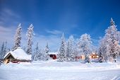 image of hut  - Winter landscape with cabin hut at night in Kiruna Sweden at Night with star trail - JPG 