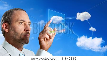 Picture or Photo of Businessman works with Virtual Cloud Computer - cloud computing
