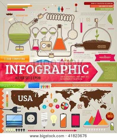 Picture or Photo of Set of infographics for design with chemical and medical elements, phones, lamps and world and USA maps, eps 10 vector illustration