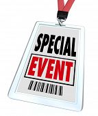 picture of meeting  - A badge and lanyard with printed pass reading Special Event to advertise or market a convention - JPG 
