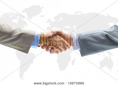 Picture or Photo of Handshake with map of the world in background