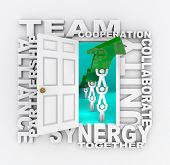 picture of teamwork  - A door opens to show several people lifting a growth arrow surrounded by words like Team and Synergy - JPG 