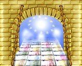 image of bridge  - illustration with element of the photographies with scene gold gates and bridge from euro bills - JPG 