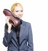 pic of helpline  - Helpline Help Desk Receptionist Answers Her Shoe Phone Or Telephone In A Humorous Joking Manor Of Crazy Madness And Wacky Business Isolated On White Background - JPG 