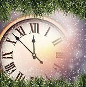 Vintage clock over snowfall christmas background. New year vector illustration. 