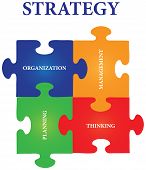 stock photo of puzzle  - Vector of four jigsaw puzzle pieces with words on the topic of strategy - JPG 