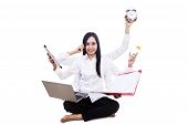 picture of time  - Young businesswoman multitasking isolated on white with multi hands holding multi items at the same time - JPG 
