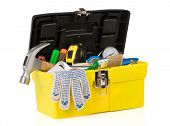 foto of construction  - set of tools on toolbox isolated at white background - JPG 