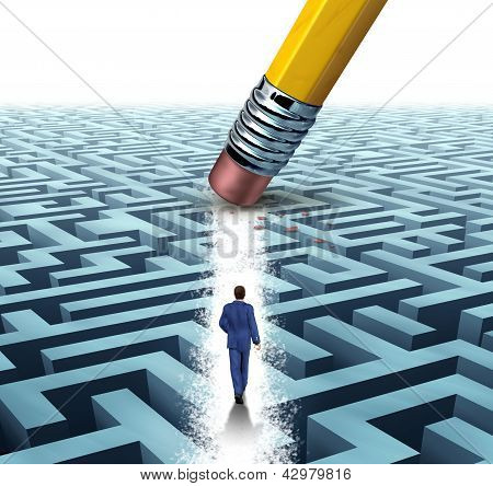 Picture or Photo of Leadership Solutions with a businessman walking through a complicated maze opened up by a pencil eraser as a business concept of innovative thinking for financial success.