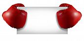 pic of competition  - Competition sign with two red boxing gloves holding a blank white card as a business symbol of competitive sales or an important announcement day special isolated on white - JPG 