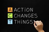 foto of hand  - Hand writing Action Changes Things with white chalk on blackboard - JPG 