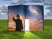 pic of future  - Book with science fiction scene and open doorway of light - JPG 