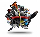 image of cord  - A ball of different electronic media devices ranging from a laptop to a television - JPG 