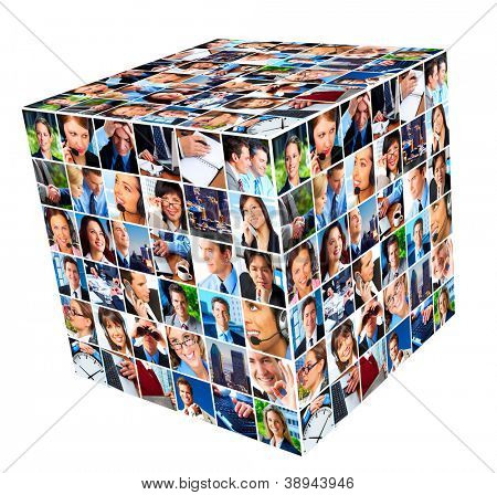Picture or Photo of Group of business people. cube collage background.