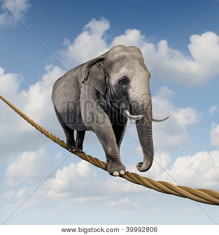 Picture or Photo of Managing risk and big business challenges and uncertainty with a large elephant walking on a dangerous rope high in the sky as a symbol of balance and overcoming fear for goal success.